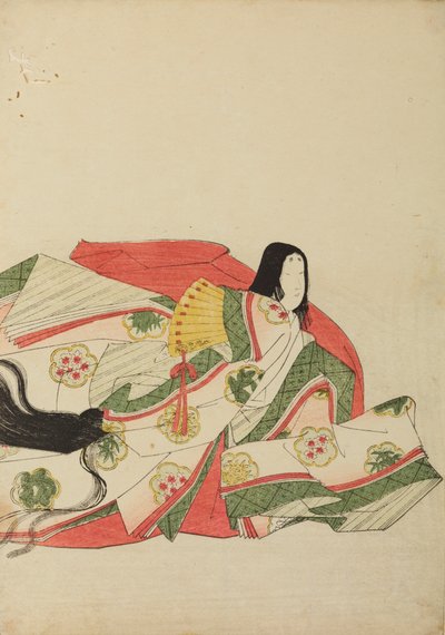 Siddende hofdame med en gul vifte, plansche fra albummet: Nishiki-zuri onna sanju rokkasen e-zukushi af Chobunsai Eishi