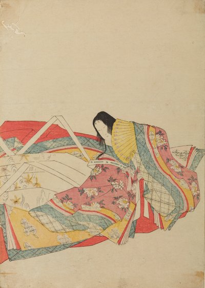 Siddende hofdame med gul vifte, planche fra albummet: Seksogtredive digterinder / Nishiki-zuri onna sanju rokkasen e-zukushi af Chobunsai Eishi