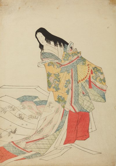 Stående hofdame med vifte, tavle fra albummet: Nishiki-zuri onna sanju e-zukushi af Chobunsai Eishi