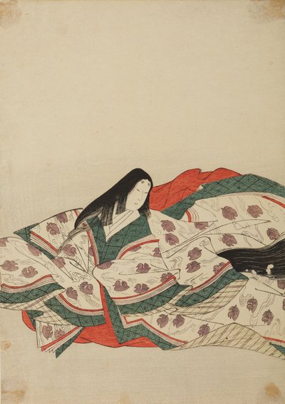 Hoffrue i hvid kimono med et mønster af ællinger på vandet, tavle fra albummet: Nishiki-zuri onna sanju rokkasen e-zukushi af Chobunsai Eishi