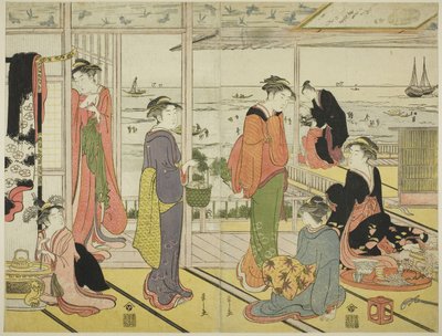 I et forlystelseshus i Shinagawa (Shinagawa no rojo) (farvetræsnit; to ark fra et oban-triptykon) af Chobunsai Eishi