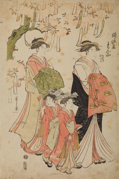 Oiran Renzan, født Tawaraya, med sin ledsagerinde og de to kamuroer Chidori og Tatsuta af Chobunsai Eishi