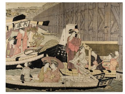 Scene fra Sumida-floden (fra et pentapyk) af Chobunsai Eishi