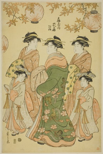 Courtesane Hanaogi fra Ogiya med børnepassagererne Yoshino og Tatsuta af Chobunsai Eishi