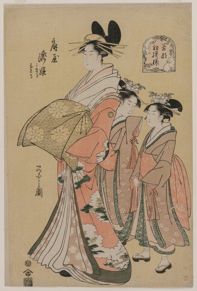 Kurtisanen Takihime og Attendants fra serien New Patterns of Young Greens, 1795. af Chobunsai Eishi