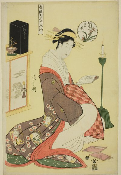 Wakana of the Matsubaya, fra serien "Beauties of the Pleasure Quarters as the Six Floral Immortals (Seiro bijin rokkasen)" af Chobunsai Eishi