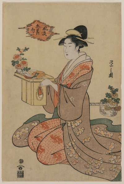 Kvinde holder en kopholder af træ dekoreret med krysantemum (fra serien Elegant Pictures of the Five Seasonal Festivals) af Chobunsai Eishi