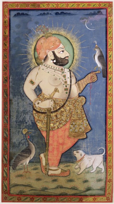 Maharana Bhim Singh af Mewar med en høg, Udaipur (Mewar) Rajasthan, ca. 1805 (gouache med guld på klæde) af Chokha