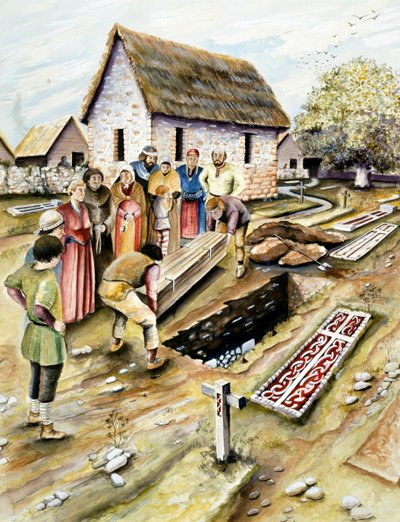 Vikingebegravelse i en kirkegård, York, Yorkshire, 10. århundrede c2000 af Chris Evans