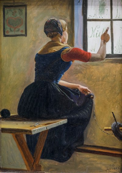 En ung bondepige fra Jylland skriver sin vens navn på en tåget rude af Christen Dalsgaard