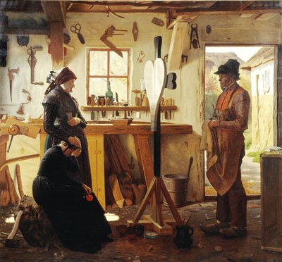 To kvinder besøger landsbykunstneren for at se det bestilte gravkors af Christen Dalsgaard