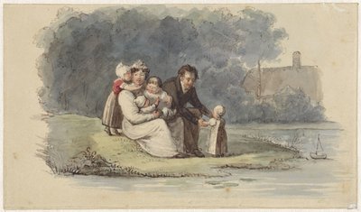 Familie sidder ved vandet af Christiaan Julius Lodewijk Portman