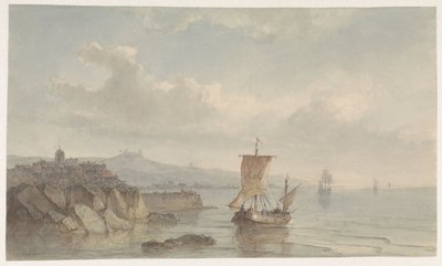 Kystlandskab med havn og skibe på vandet af Christiaan Lodewijk Willem Dreibholtz