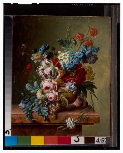 En vase med blomster på en marmorafsats & en kurv med blomster med en guldfink af Christiaan van Pol