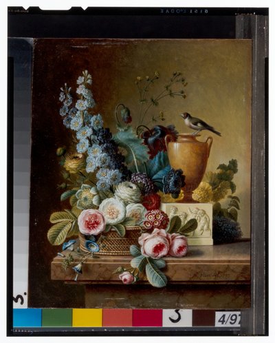 En vase med blomster på en marmorafsats & en kurv med blomster med en guldfink af Christiaan van Pol