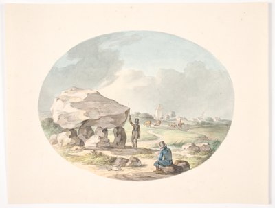 Stendysse uden for en landsby med en kirke af Christian David Gebauer