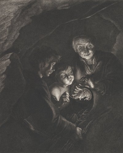 Natscene i en hule med en gammel kvinde, der holder brændende kul i en gryde, en dreng blæser..., ca. 1750-57 af Christian Friedrich Boëtius