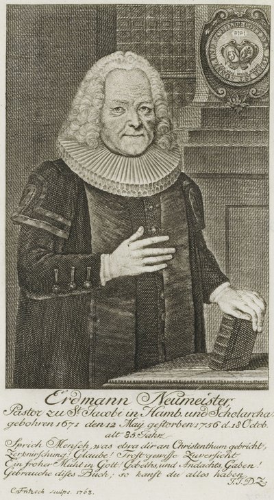 PPN663946751 Erdmann Neumeister, præst ved St Jacobi i Hamborg og Scholarcha. (1763) af Christian Fritzsch