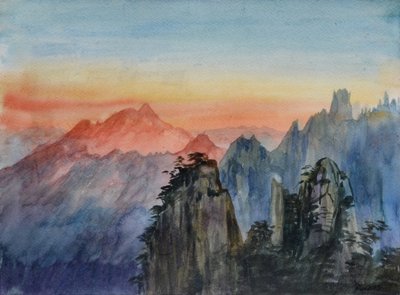Buddhas lys - Solopgang på Rosenbjerget, 2015 (akvarel på papir) af Christian Furr