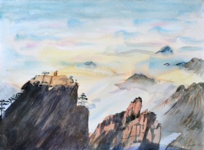 Stone Monkey Gazing Over a Sea of Clouds, 2015 (akvarel på papir) af Christian Furr