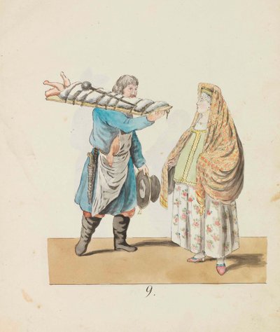 Slagter med gris på tavlen og købmand Fra serien St. Petersborg..., 1799. af Christian Gottfried Heinrich Geissler