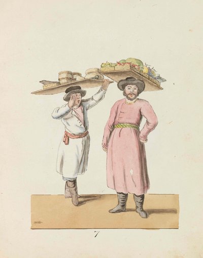Frugtsælger og bonde, der sælger ost og sild Fra serien St. Petersborg..., 1799. af Christian Gottfried Heinrich Geissler