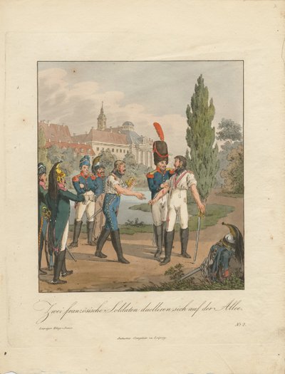 To franske soldater kæmper en duel på en allé af Christian Gottfried Heinrich Geissler