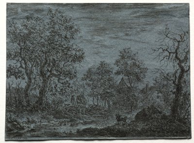 En lille flod i forgrunden med en ko og ged af Christian Ludwig von Hagedorn