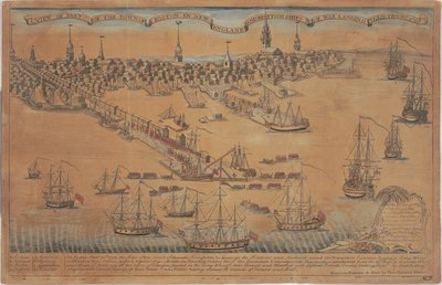 En udsigt over en del af byen Boston i New England og britiske krigsskibe lander deres tropper! af Christian Remick