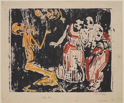 Døden som jonglør (Revolution) (Tod als Jongleur [Revolution]), 1918-19 (farvetræsnit i gul, rød og sort på kraftigt vævet papir) af Christian Rohlfs