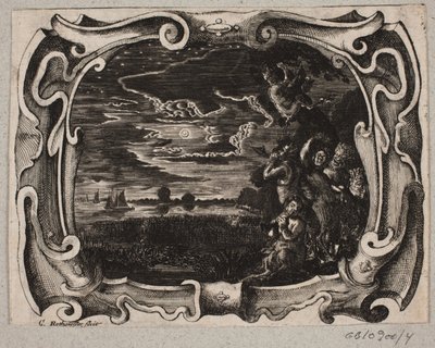 Emblem med satyrer samlet ved et træ ved nattetid af Christian Rothgiesser