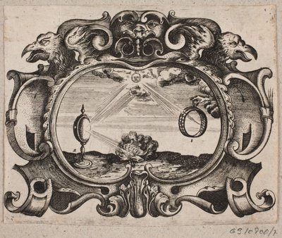 Emblem med sol, der stråler gennem en ring og gennem et brændeglas, så der antændes et bål af Christian Rothgiesser