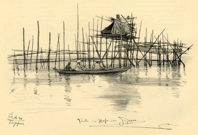 Hus på pæle og fiskere i Singapore Harbour, 1898. af Christian Wilhelm Allers