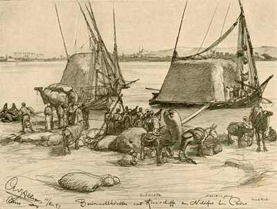 Lastning af bomuld på kornbåde, Nilen, Kairo, Egypten, 1898. af Christian Wilhelm Allers