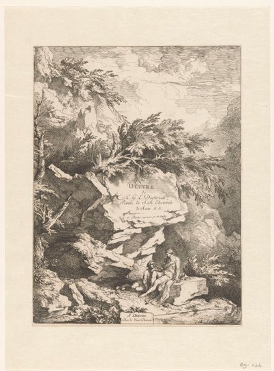 Klippelandskab med to figurer hvilende på en sten Oeuvre af C. G. E. Dietrich (serietitel) Oeuvre de C. G. E. Dietrich, Peintre de S. A. Electorale de Saxe (...) (serietitel på objekt) af Christian Wilhelm Ernst Dietrich