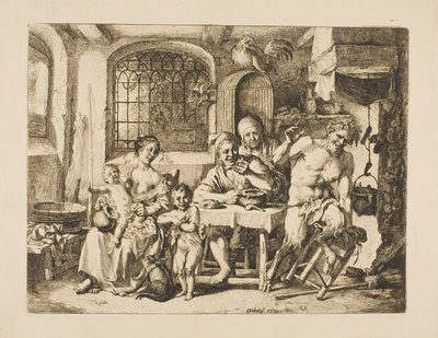Satyr i et bondehus, i stil med Jordaens af Christian Wilhelm Ernst Dietrich