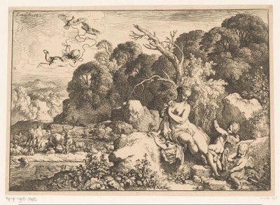 Venus sidder på en sten, ledsaget af tre putti af Christian Wilhelm Ernst Dietrich