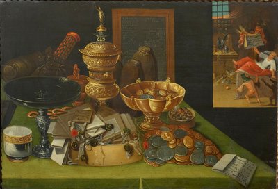 Allegori om verdslige rigdomme med scenen for den rige mands død, ca. 1600. af Christian van den Perre