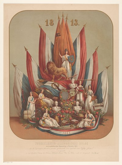 Allegorisk fremstilling af den betydningsfulde revolution i november 1813 Teater-allegorisk hyldest til den mindeværdige revolution i november 1813 (...) (titel på objekt) af Christianus Hendricus Hein