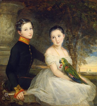 Børn med papegøje af Robertson, Christina (1796-1854) af Christina Robertson