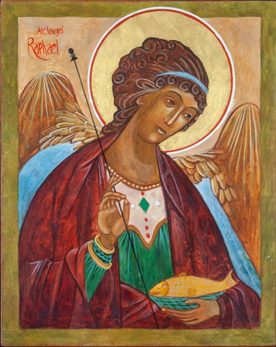 Ærkeenglen Raphael Icon, 2000 (æggetempera, træ, bladguld) af Christine Hales