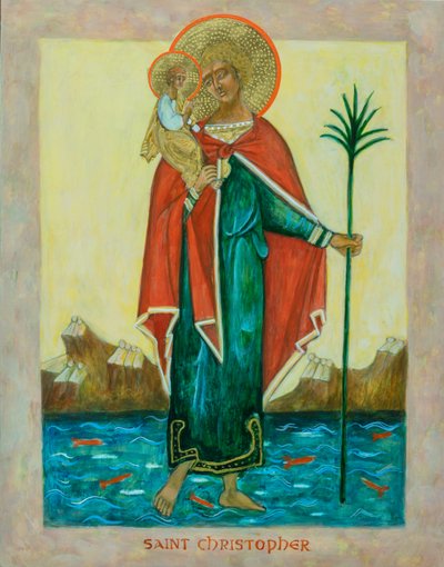 Sankt Kristoffer-ikon, 2023 (æggetempera, bladguld, træ) af Christine Hales