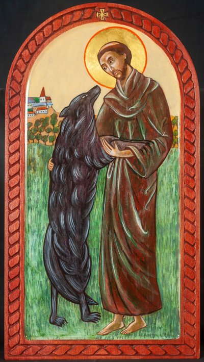 Francis and the Wolf, 2004 (æggetempera, træ, bladguld) af Christine Hales