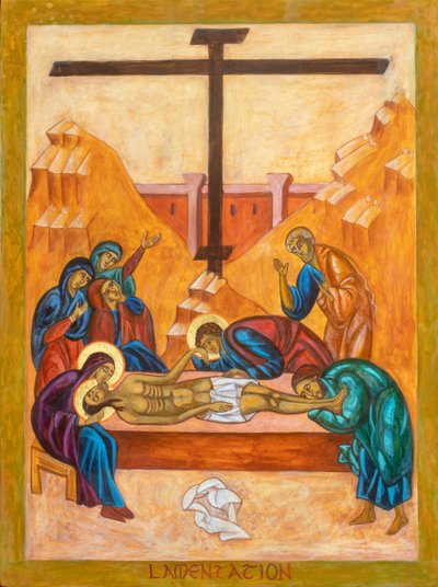 The Lamentation Icon, 2022 (æggetempera, bladguld, træ) af Christine Hales