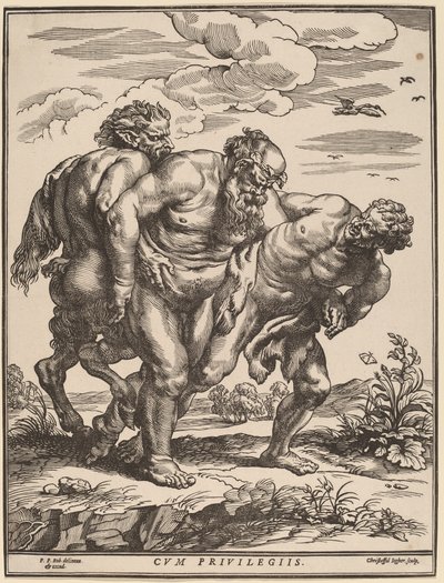 Silenus ledsaget af en Satyr og en Faun af Christoffel Jegher after Sir Peter Paul Rubens