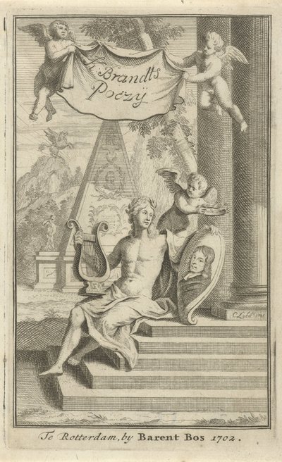 Apollon med portræt af Caspar Brandt Titelblad for: K. Brandt, Poëzy, 1705 af Christoffel Lubienitzki