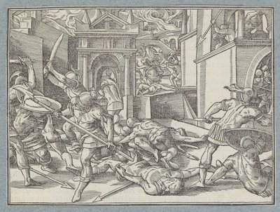 Kæmpende soldater i en by Slaget i Jerusalem af Christoffel van Sichem (I)