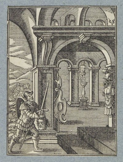 Sauls hoved bringes ind i filisternes tempel af Christoffel van Sichem (II)