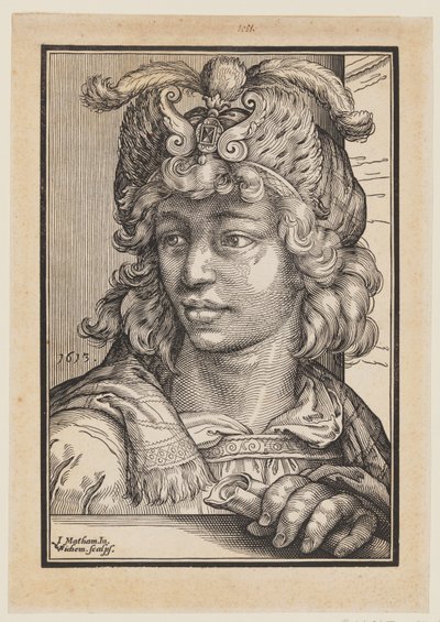 Buste af en ung mand med fjerklædt hue af Christoffel van Sichem I