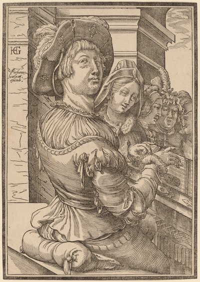 En ung mand spiller et psalterium af Christoffel van Sichem I after Hendrik Goltzius